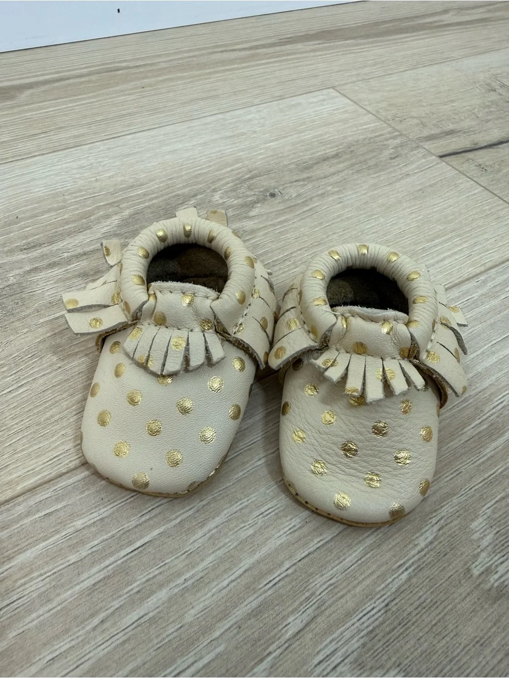 Freshly Picked Cream Gold Polkadot Leather Moccasins